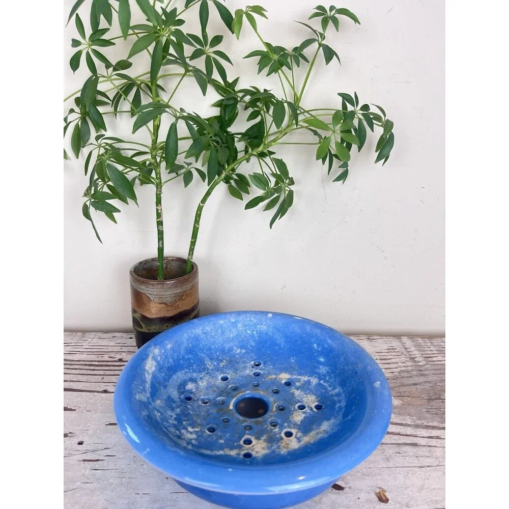 Antique Rare Blue Ceramic Berry Bowl W/ Colindar / Cherry Bowl 8” Cottage Home